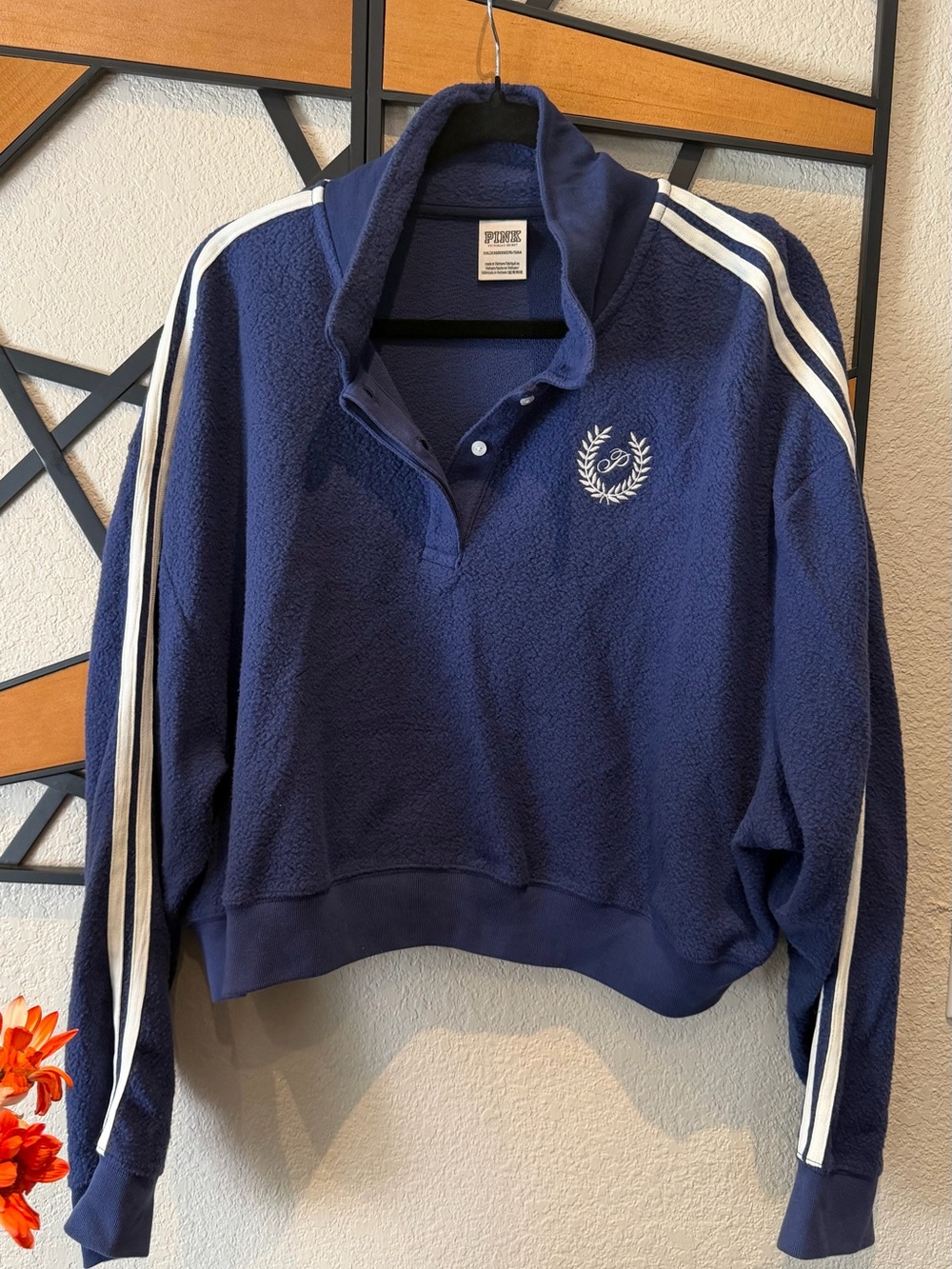 PINK Victoria's Secret Navy Fleece Pullover with White Stripes